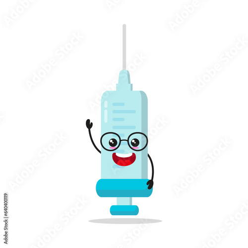 Cute happy syringe character wear eyeglasses. Smiling and greet medication cartoon emoticon in flat style. injection vector illustration