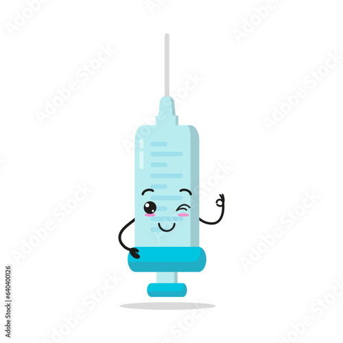 Cute happy syringe character. Funny smiling and wink medication cartoon emoticon in flat style. injection vector illustration