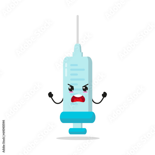 Cute furious syringe character. Temperament medication cartoon emoticon in flat style. injection vector illustration