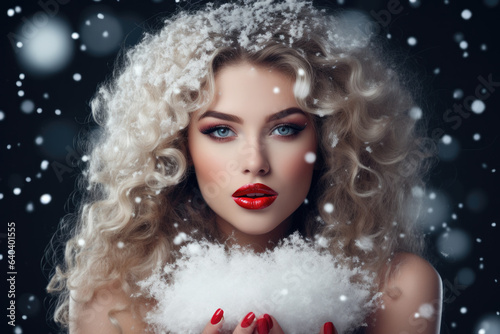 Young woman blowing snow. Wintertime. Christmas mood