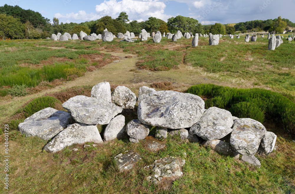 Carnac, Brittany, France. The Kermario Dolmen with part of the Kermario group of prehistoric stone row alignments behind Carnac, Brittany, France. The Kermario Dolmen with part of the Kermario group of prehistoric stone row alignments behind