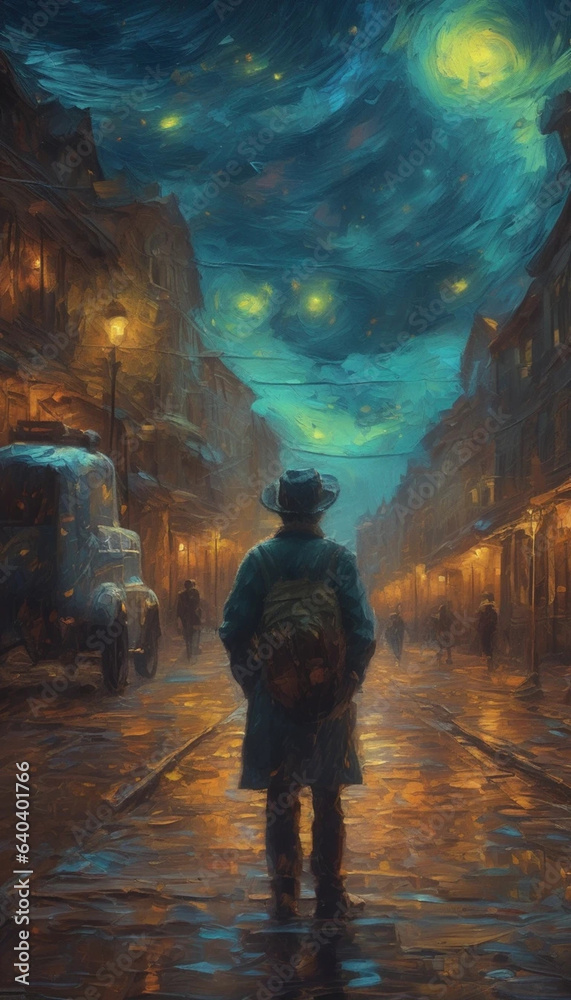 Impactful anime oil painting, full shot of a person in a beautiful and bright city