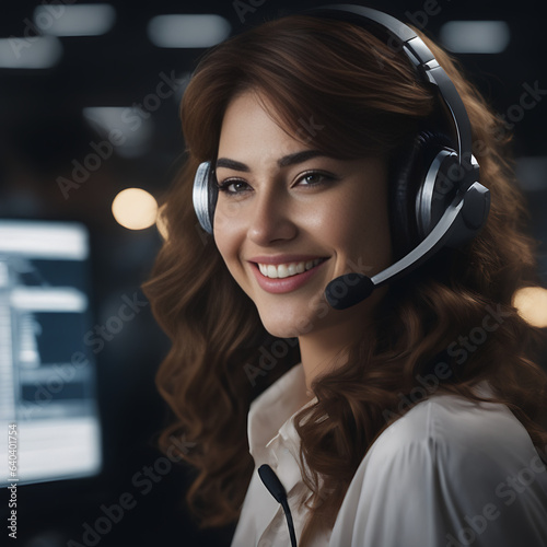 Teleoperadora con auriculares y micrófono, sonriendo  photo