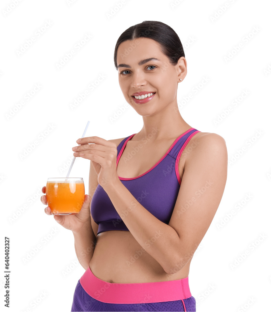 Sporty young woman with healthy smoothie on white background Sporty young woman with healthy smoothie on white background