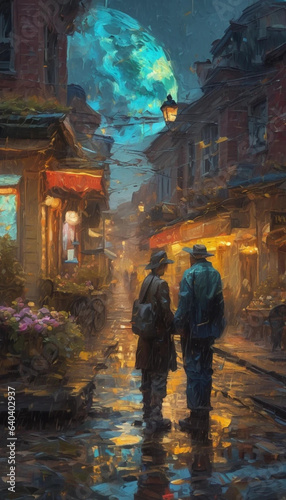 Impactful anime oil painting, full shot of a person in a beautiful and bright city © Pesm