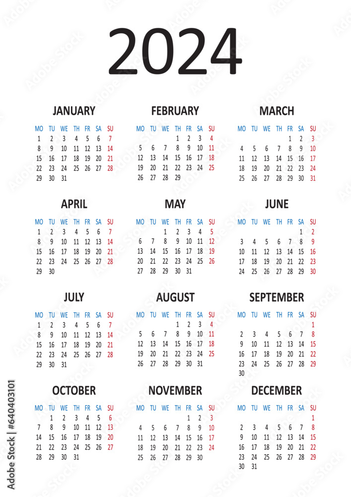 Yearly calendar 2024. Week starts on Monday. Vector illustration Yearly calendar 2024. Week starts on Monday. Vector illustration