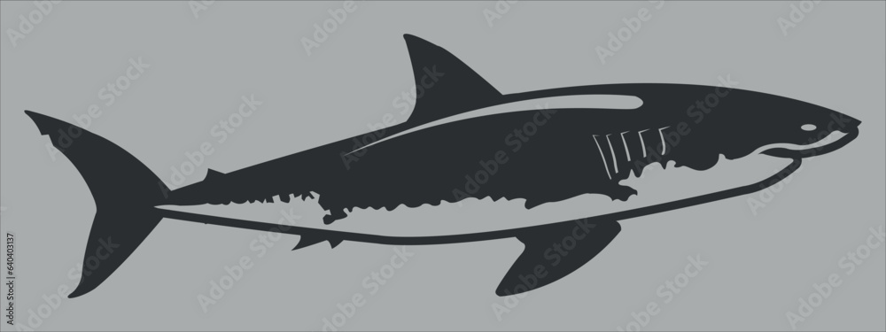 The black silhouette of a shark. Vector icon on a gray background The black silhouette of a shark. Vector icon on a gray background