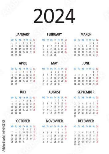 Yearly calendar 2023. Week starts on Monday. Vector illustration