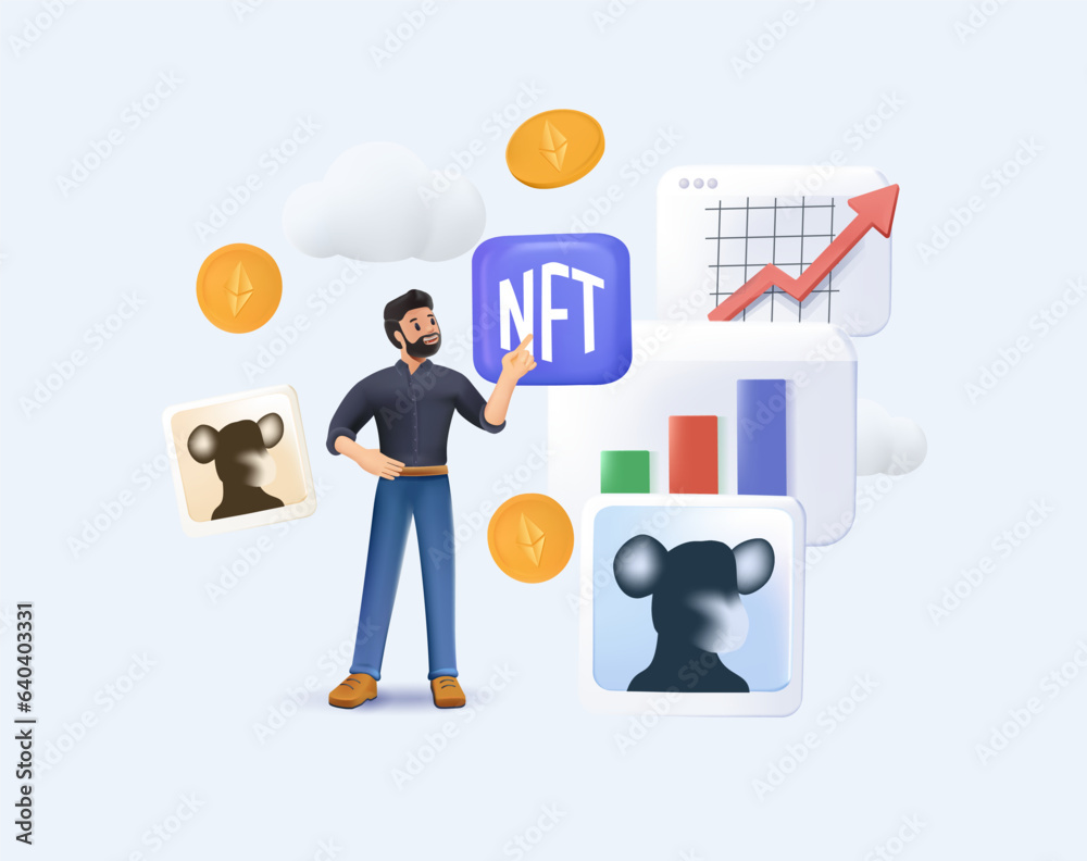 3D NFT market, digital art, assets trade, investment and analysis concept. 3D Investing, buying unique non-fungible tokens, virtual marketplace. 3D graphic vector illustration isolated on white 3D NFT market, digital art, assets trade, investment and analysis concept. 3D Investing, buying unique non-fungible tokens, virtual marketplace. 3D graphic vector illustration isolated on white