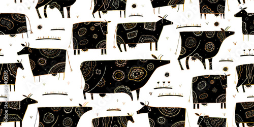 Stylish Ethnic Cows family on meadow. Seamless pattern background. Vector Illustration