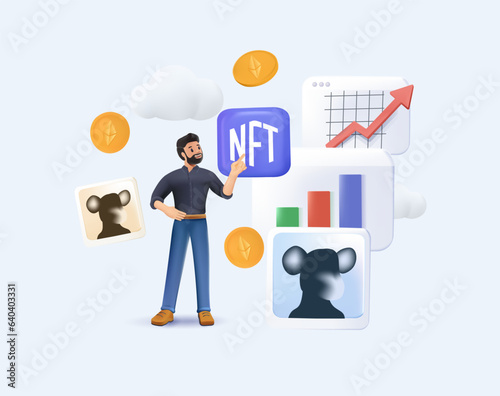 3D NFT market, digital art, assets trade, investment and analysis concept. 3D Investing, buying unique non-fungible tokens, virtual marketplace. 3D graphic vector illustration isolated on white