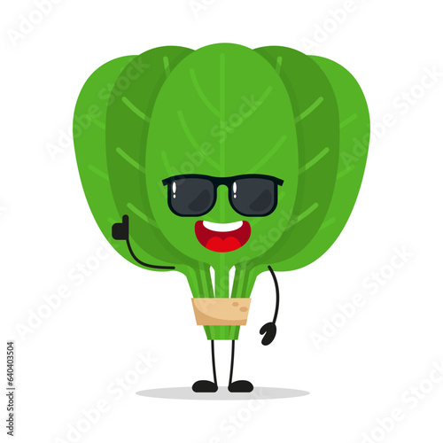Cute happy spinach character wear sunglasses. Funny fruit greet friend cartoon emoticon in flat style. food vector illustration