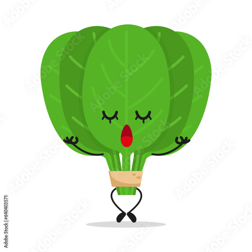 Cute relax spinach character. Funny yoga vegetable cartoon emoticon in flat style. spinach meditation vector illustration
