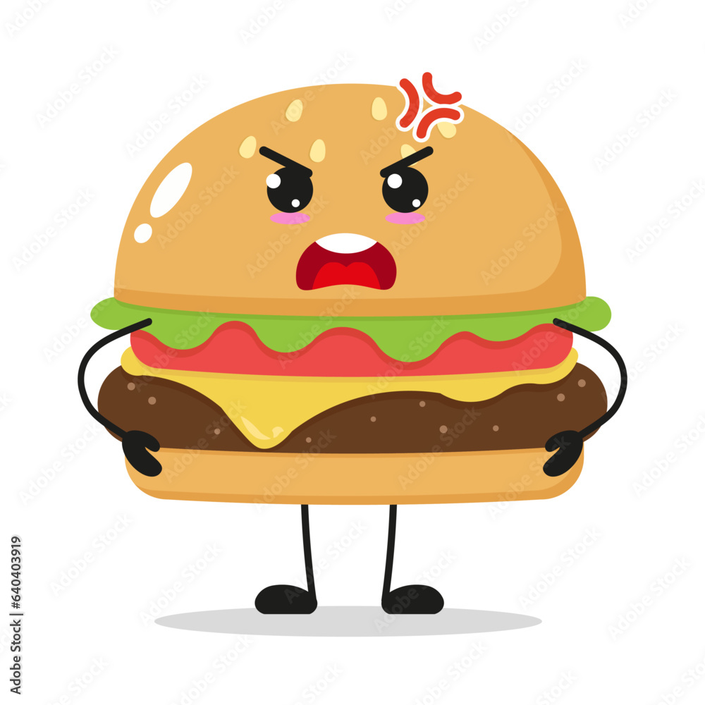 Cute angry hamburger character. Funny mad cheeseburger cartoon emoticon in flat style. junk food vector illustration Cute angry hamburger character. Funny mad cheeseburger cartoon emoticon in flat style. junk food vector illustration