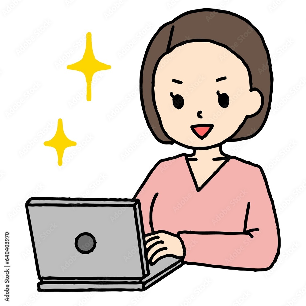 パソコン作業をするボブヘアの女性がキラキラしている パソコン作業をするボブヘアの女性がキラキラしている