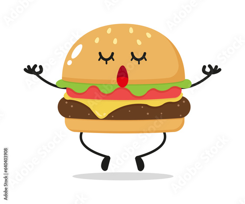 Cute relax hamburger character. Funny yoga cheeseburger cartoon emoticon in flat style. hamburger, cheese, burger meditation vector illustration