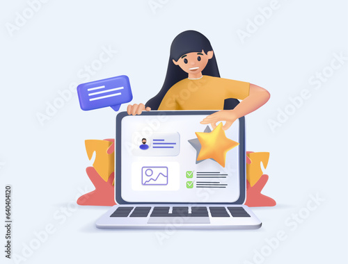 3D Concept of quality assurance. Business Concept illustrations. 3D user acceptance test. Scenes with women taking part in business activities. 3D Vector illustration