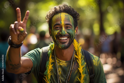 Homem brasileiro feliz comemorando o 7 de setembro fazendo sinal da paz