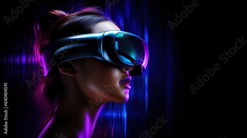 Beautifil young woman in VR glasses in dark neon waves technology background