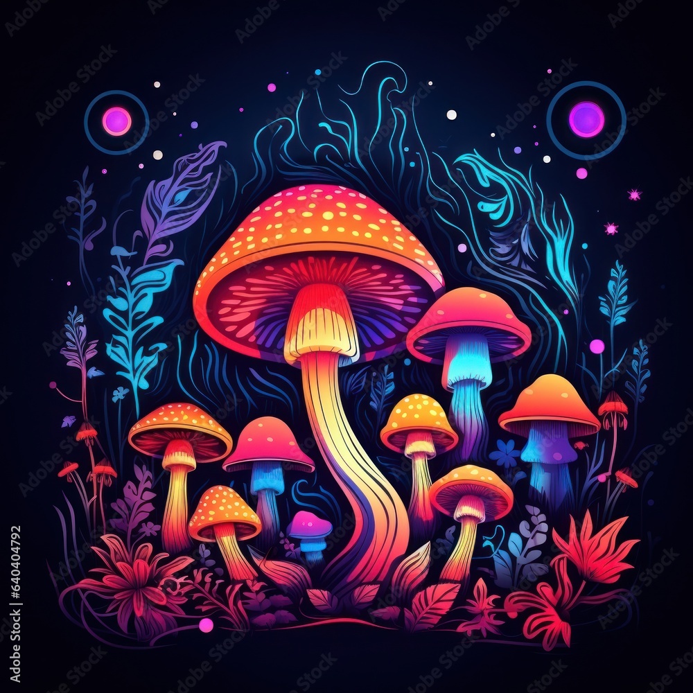 Black neon mushroom background