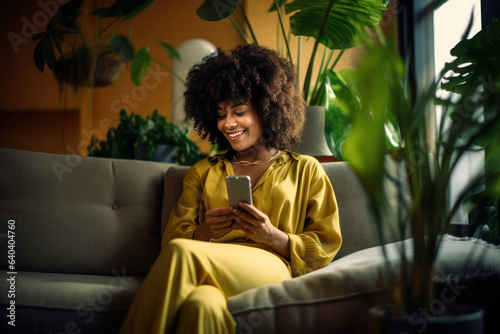 Biracial woman on couch with a cell phone