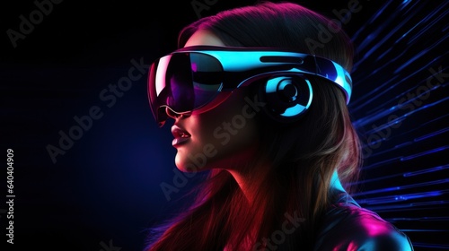 Beautifil young woman in VR glasses in dark neon waves technology background