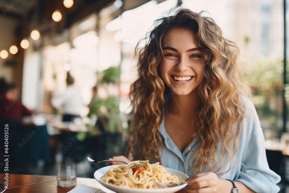 Girl eats pasta in street cafe