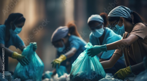 A group of women are using gloves to pick up trash