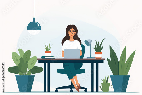 Beautiful young woman sitting at her desk using her laptop