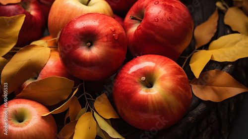 Closeup of Red Delicious Apple Harvest with Autumn Leaves - Generative AI
