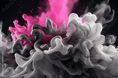 A mesmerizing dance of captivating black and white with pink smoke and ink swirls