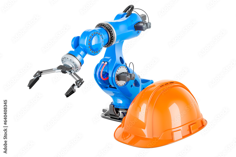 Robotic arm with orange hard hat, 3D rendering Robotic arm with orange hard hat, 3D rendering