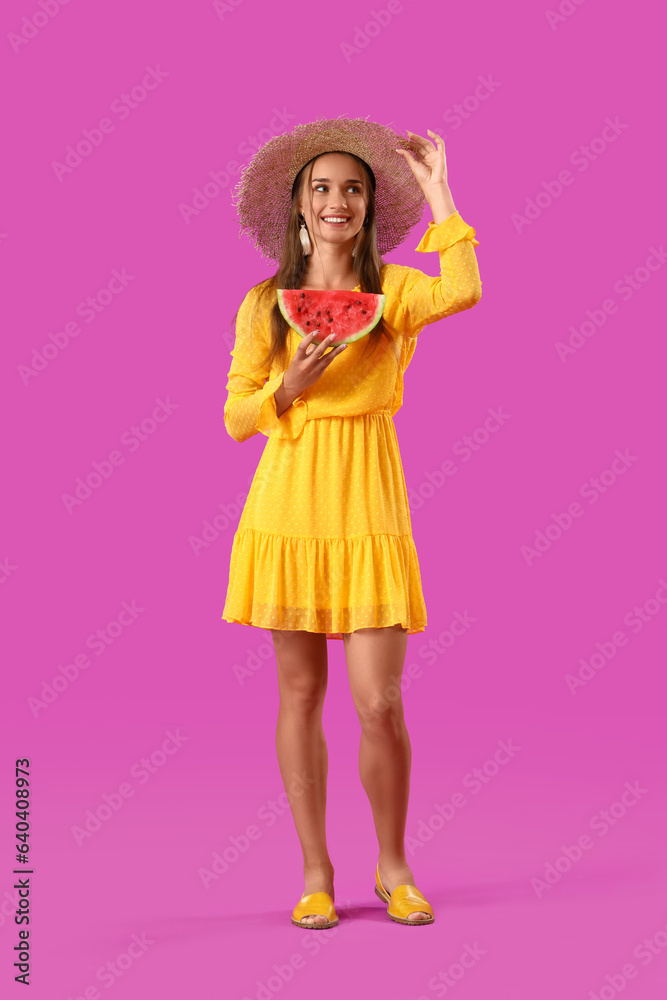 Young woman with fresh watermelon on purple background Young woman with fresh watermelon on purple background