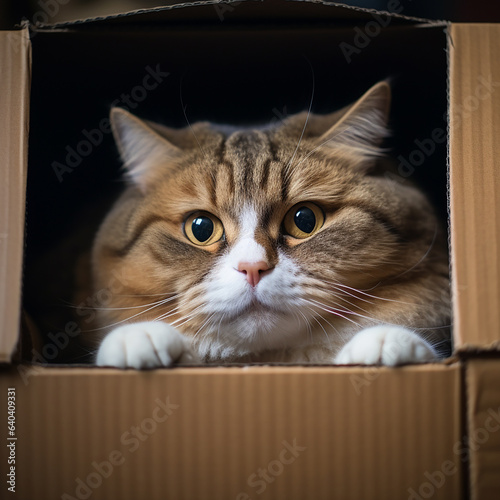 Illustration of cute kitten in cardboard box. AI generation..