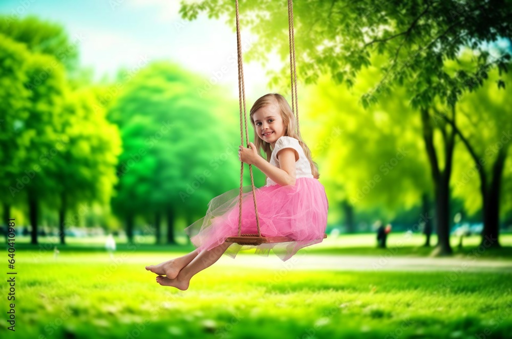 Little kid having fun and swinging at hot summer day.