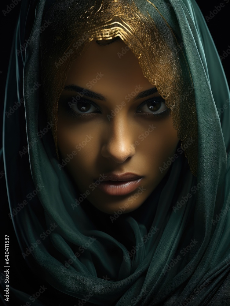 Fashion portrait of young beautiful woman with costume wearing hijab. Cultural authentic clothing style, covered part of the body, beautiful gorgeous clothes. Nice outfit, great look.