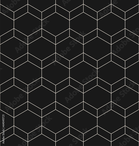 Vector minimalist seamless pattern. Simple abstract monochrome background with thin lines, hexagonal grid, net, lattice. Minimal black and white texture. Modern graphic pattern. Dark repeat design