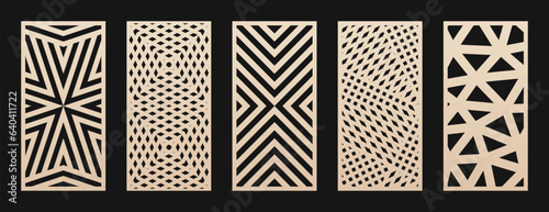 Laser cut pattern set. Vector collection of abstract geometric ornaments, lines, stripes, grid, chevron. Decorative stencil for laser cutting of wood panel, metal, plastic, paper. Aspect ratio 1:2