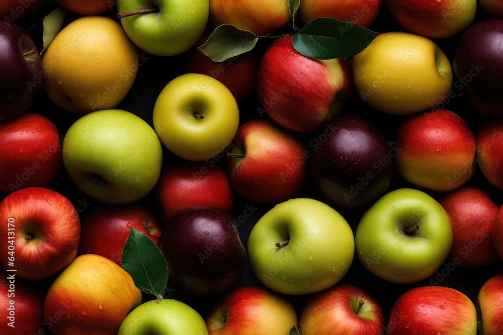 Close up of fresh red, green, yellow apples , top view, seamless pattern. Generative Ai