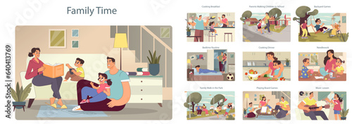 Family time set. Grandparents, mother, father and kids communication