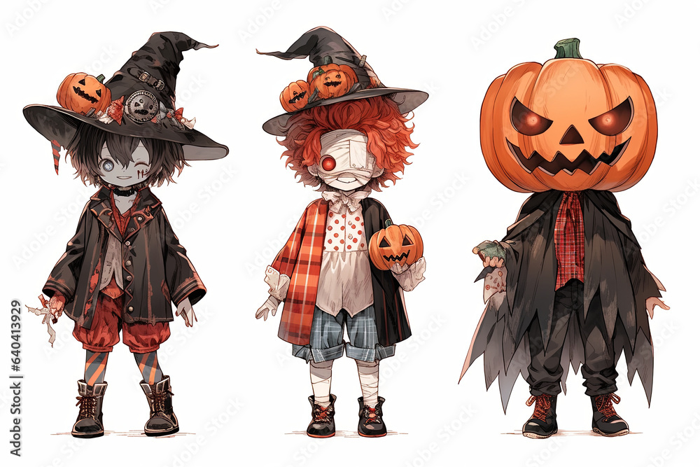 anime Cartoon children in costumes Trick or Treating with jack o lantern on Halloween night