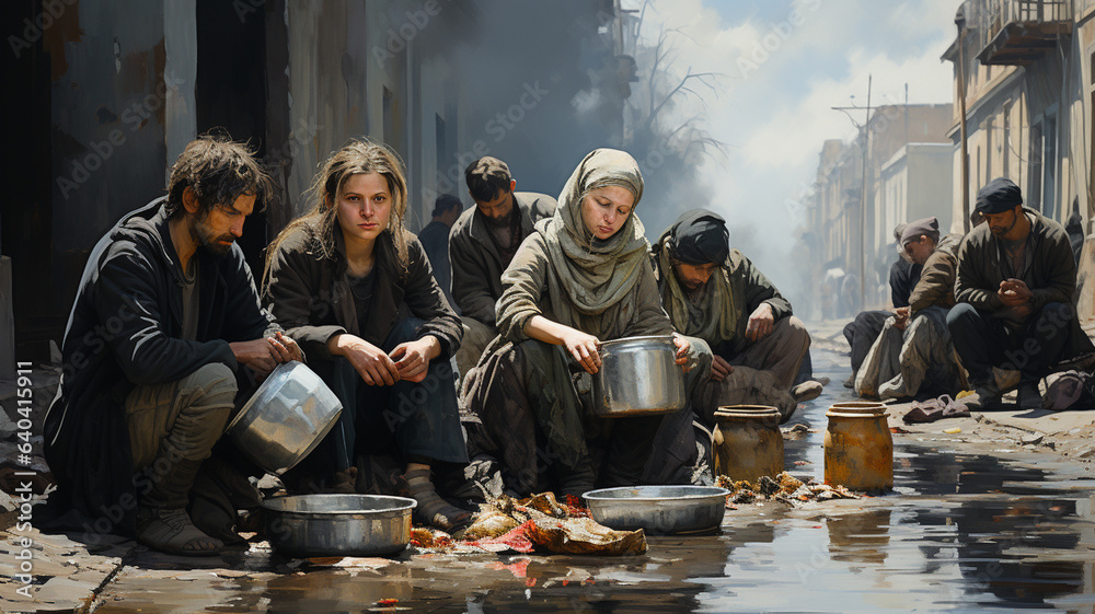 Poverty in the world, very poor people with little food and water give charity
 - obrazy, fototapety, plakaty 