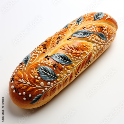 Painted bread with leaves pattern. Festive bread. Decorations