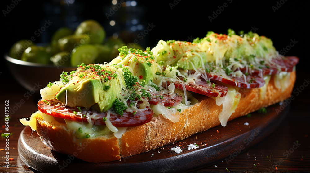 succulent sandwich stuffed with salami salad tomatoes onion melted cheese and sauces
