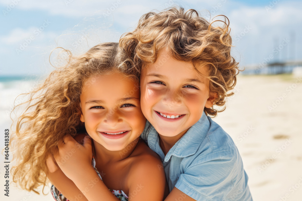 Siblings hugging at the beach on a sunny day on vacation. Cute smiling siblings hugging on beach Siblings hugging at the beach on a sunny day on vacation. Cute smiling siblings hugging on beach