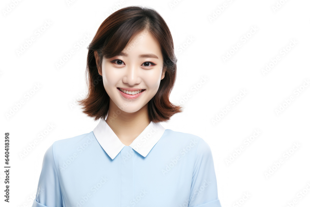 Woman wearing blue shirt and white collared shirt. This versatile image can be used for various purposes. Woman wearing blue shirt and white collared shirt. This versatile image can be used for various purposes.