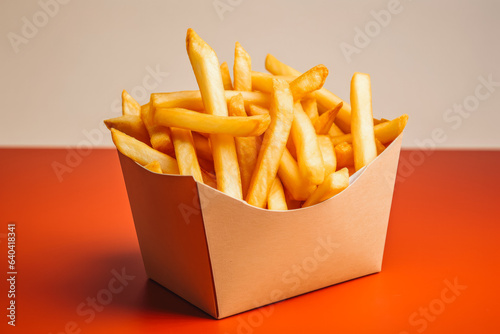 Little box of fries isolated on studio background. Small portion of french fries on white studio background.