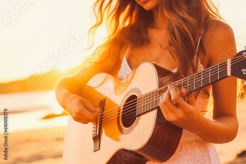 Unrecognizable young woman playing guitar at sunset at the beach. Relaxed beautiful woman playing guitar at beach.