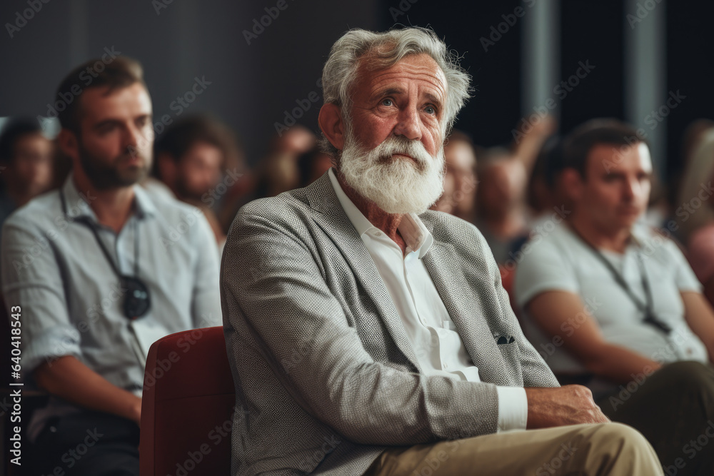 Obraz premium White-bearded man takes center stage as he sits in front of group of people. This image can be used to illustrate leadership, mentorship, or public speaking.