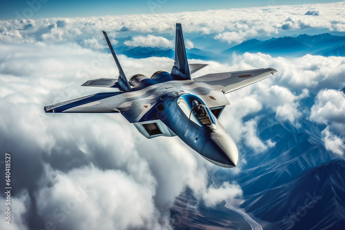 Military fighter jet above the clouds. Military equipment plane.